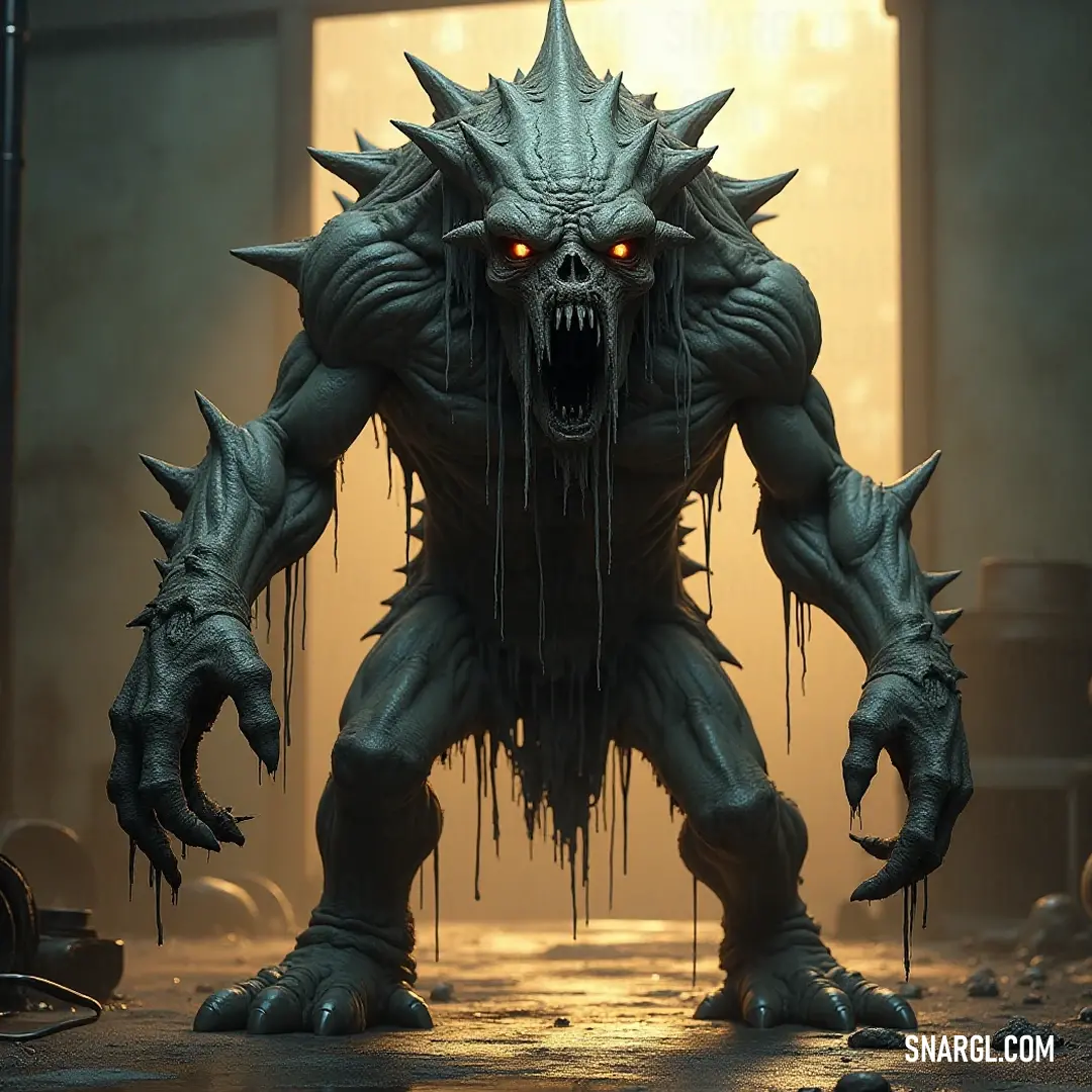 The Demonic Hell Pit Abomination dominates a dimly lit room, its large and sharp teeth gleaming beneath faint light, evoking both fear and fascination in an atmosphere steeped in shadows.
