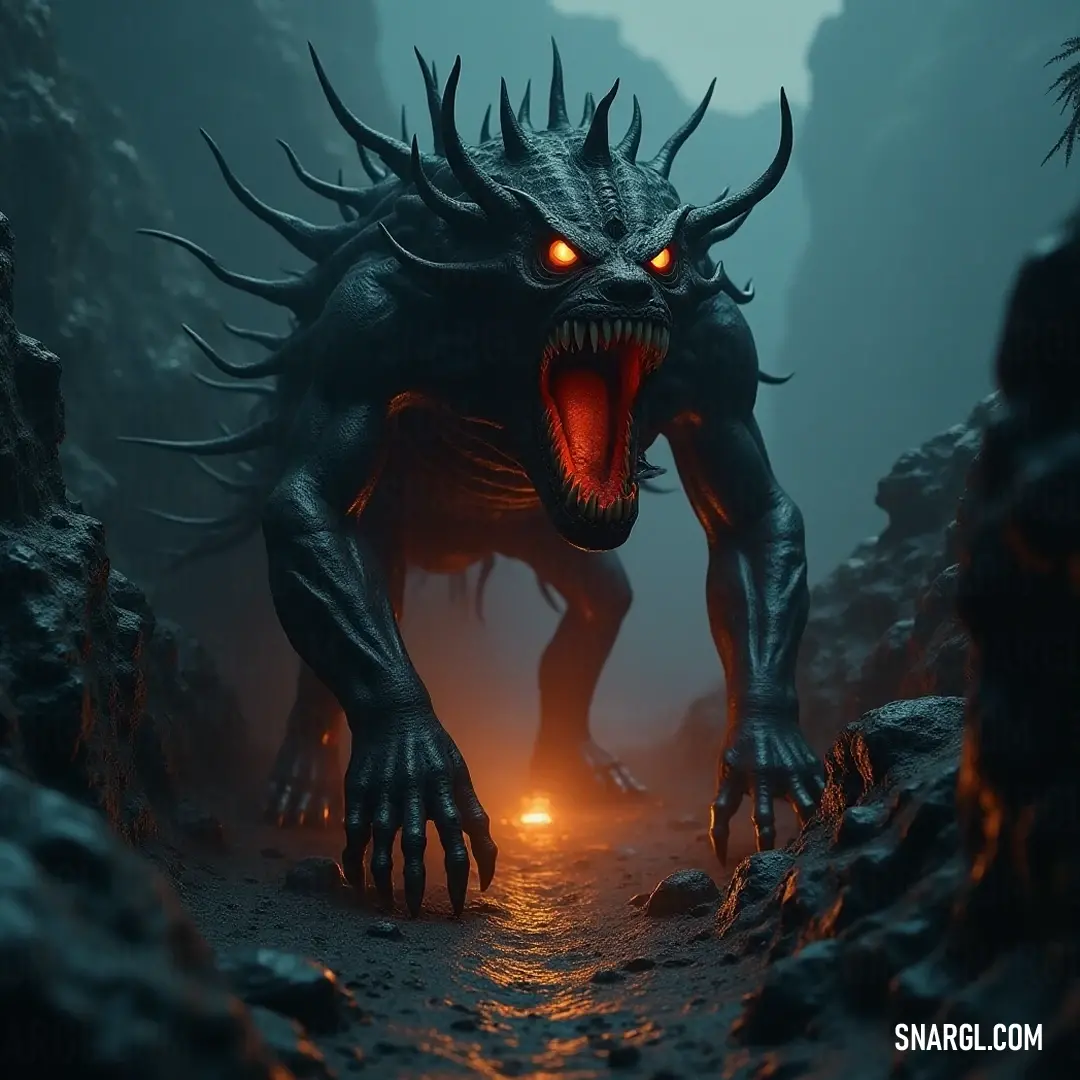 In a dark cave illuminated by the ominous glow of lava rocks, the Hell Pit Abomination stands menacingly with an open mouth and eerie glowing eyes, encapsulating terror in an infernal setting. An imposing Hell Pit Abomination, its monstrous mouth. agape with ferocity and glowing eyes that pierce the darkness, dwells within a sinister cave filled with lava rocks, bringing a daunting sense of dread to its surroundings.