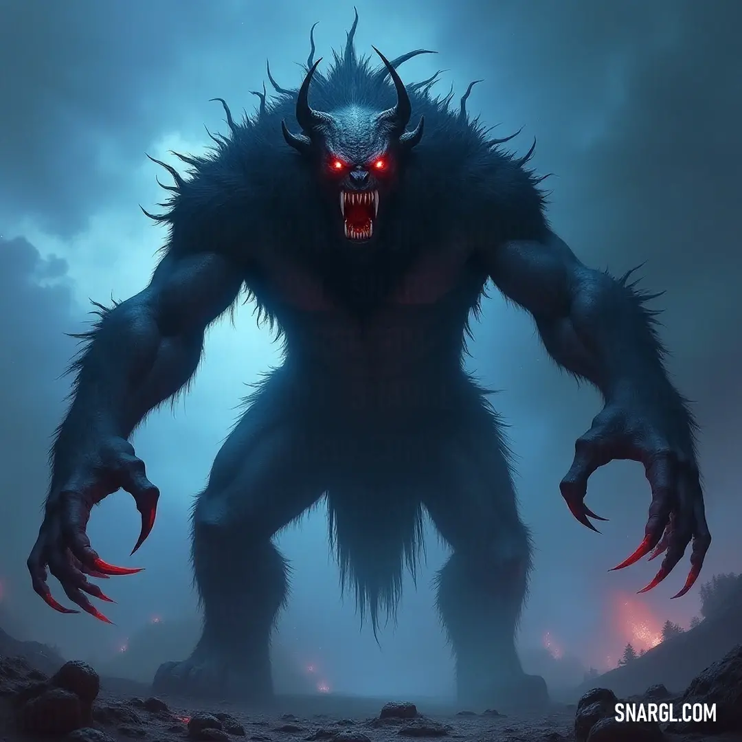 A terrifying Hell Pit Beast Leader with eyes aglow like fiery coals, his enormous head exudes an air of primal ferocity, while razor claws hint at his deadly nature.