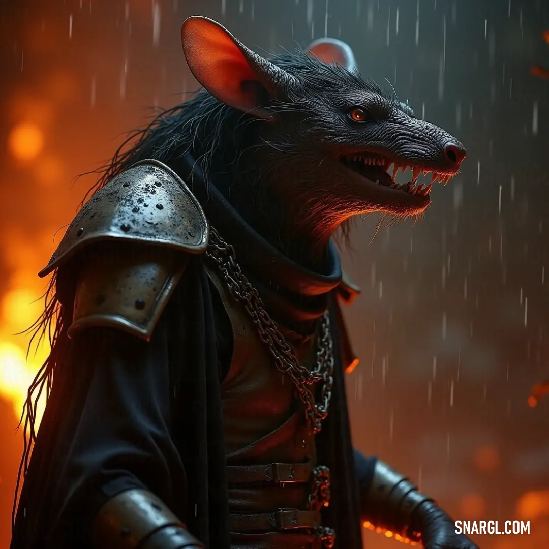 Hell Pit Beast Leader with a helmet and chain, exuding power and menace The Hell Pit Beast Leader, armored with a helmet and a chain around its neck, stands proudly, exuding power and menace in a dark, foreboding atmosphere.