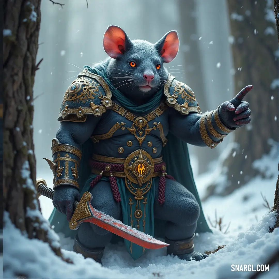 A Hell Pit Warlord, holding a knife, stands in a snowy forest, where the stillness of the snow contrasts with his dark presence. A Hell Pit Warlord in an imposing costume, holding a knife in one hand, standing in a snowy forest. Snow falls gently around him, enhancing the eerie silence of the cold winter woods.