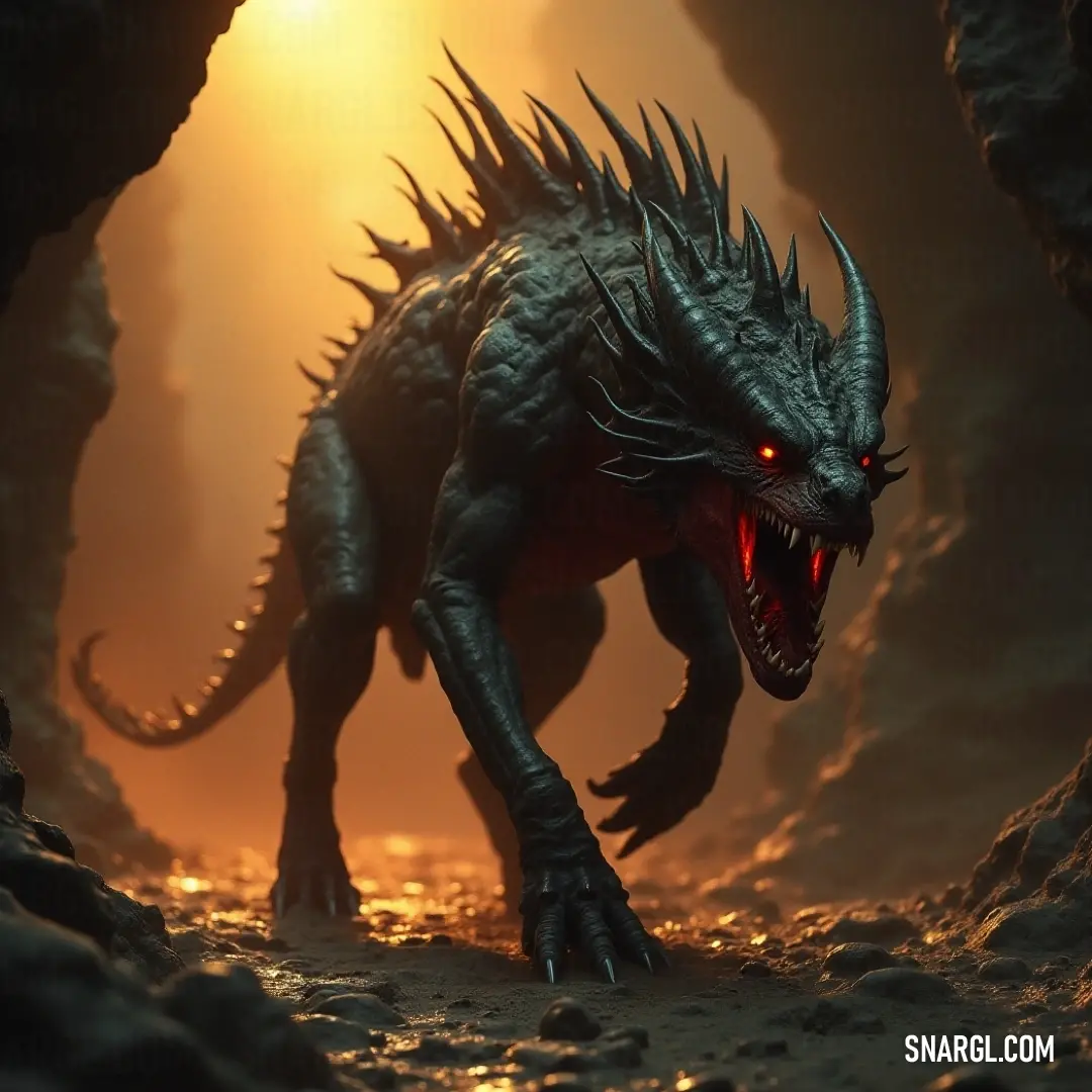 Fearsome Hellfang lurking in the shadows of a dark forest The menacing Hellfang, featuring a striking appearance with sharp teeth, lurks in the shadows, an embodiment of primal fear amidst the darkened forest landscape.