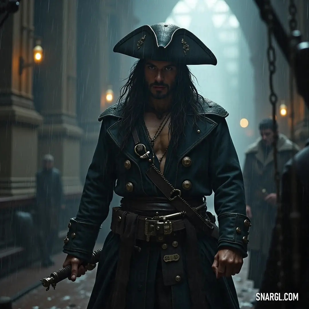 A fierce pirate in a dark alley with sword drawn, surrounded by mysterious figures. The moment is charged with intensity and secrecy. A pirate, fully dressed in an elaborate costume, stands in a dimly lit alley with a sword raised, surrounded by rugged men in the background. The atmosphere feels tense, as the shadows loom over the scene.