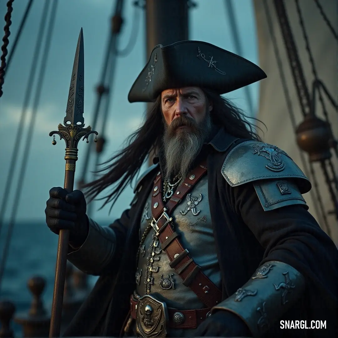 Henry Morgan stands resolute on his ship, sword in hand, his determined expression fixed on the wild ocean ahead, the perfect pirate ready to face any storm. Henry Morgan, adorned in full pirate attire, stands tall on a ship’s deck, gripping a sword with resolve, as the ship navigates the rough seas under his determined gaze, ready for whatever challenge comes next.