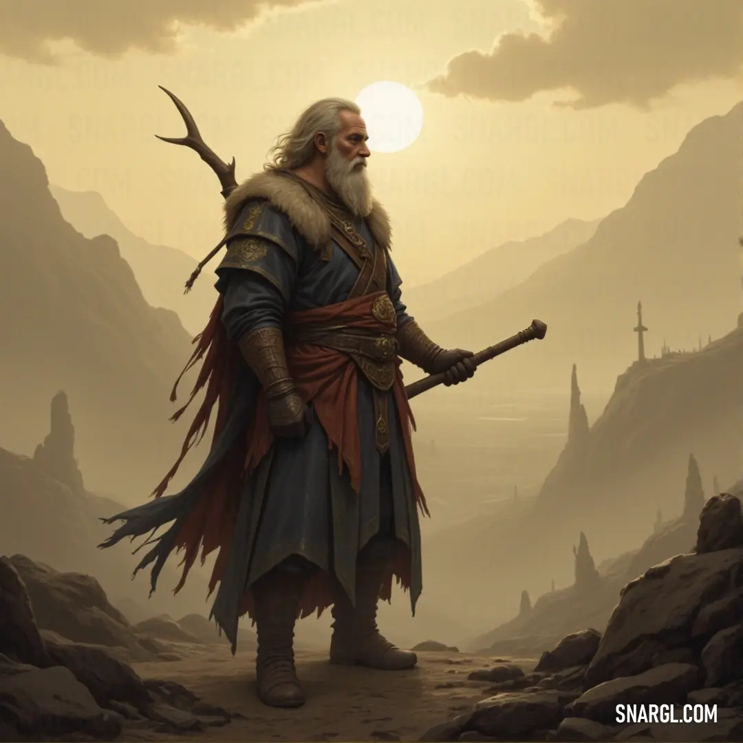 Hephaestus, stick in hand, standing tall in the mountainous wilderness Hephaestus, with a long beard, stands in the mountainous area holding a stick. His rugged appearance and the harsh terrain around him suggest a connection to the earth and an unyielding strength born of the land.