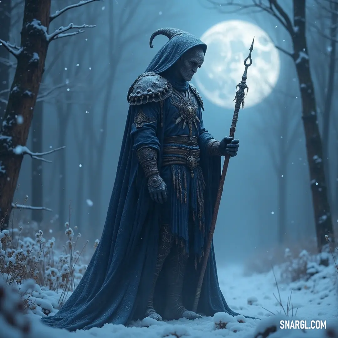 A medieval warrior in a snowy forest, holding a sword aloft under the full moon, reflecting a compelling blend of tranquility and power. In a snowy forest under a luminous full moon, a medieval-clad character holds a sword, showcasing a blend of tranquility and power, where the night's serene ambiance is contrasted by the strength of her posture.