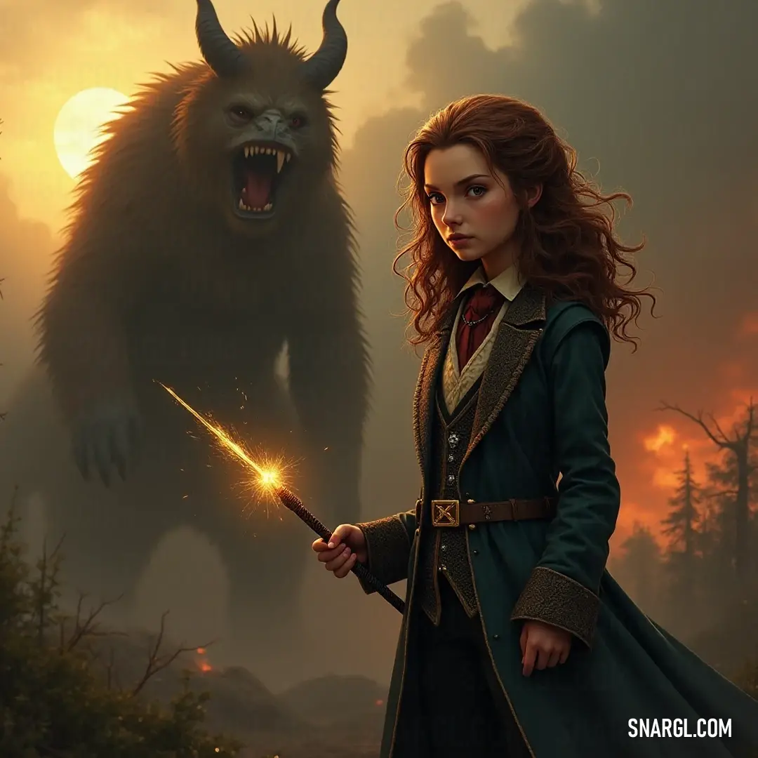 A resolute young woman faces a looming demon, her glowing wand raised defiantly in the air, the fiery light casting an intense aura of courage and defiance all around her. In a dramatic confrontation, a brave young woman stands ready, gripping her wand tightly as a menacing demon looms nearby, its foreboding presence illuminated by the glow of her wand.