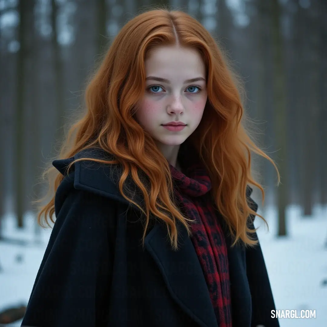 In the serene beauty of a snowy forest, a figure with striking red hair and blue eyes stands elegantly surrounded by powdered trees, blending strength and grace in a winter landscape. A striking figure with vibrant red hair and captivating blue eyes stands in a tranquil snowy forest, surrounded by snow-laden trees, embodying a spirit of strength and grace against winter's embrace.