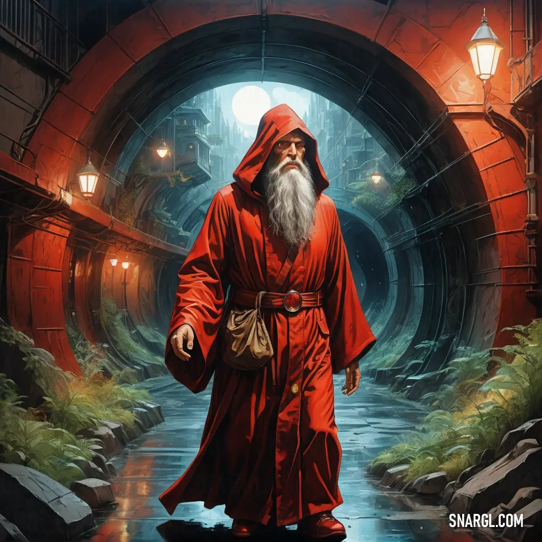 Hermit in a red robe is walking through a tunnel with a lantern on his head