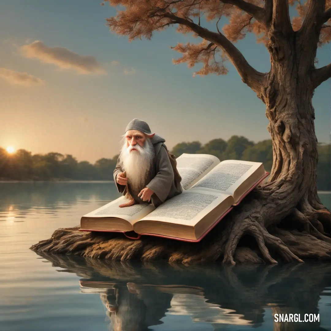 Hermit on a book in the water with a tree in the background
