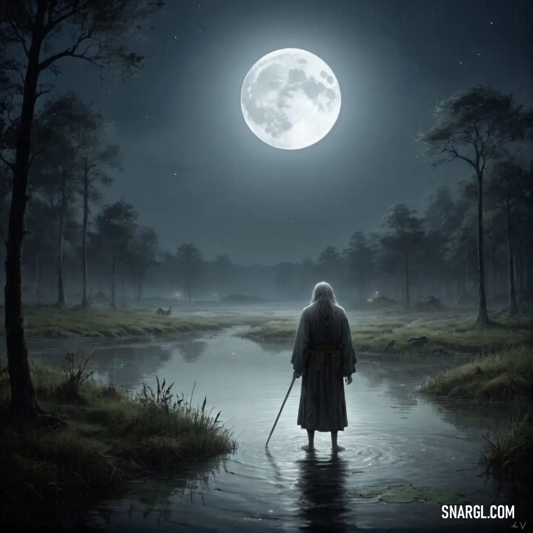 Hermit standing in a river under a full moon with a cane in his hand