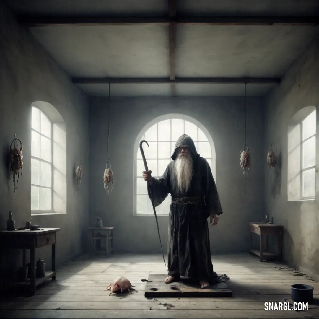 Hermit with a long beard and a long white beard holding a staff in a room with windows and a dead animal