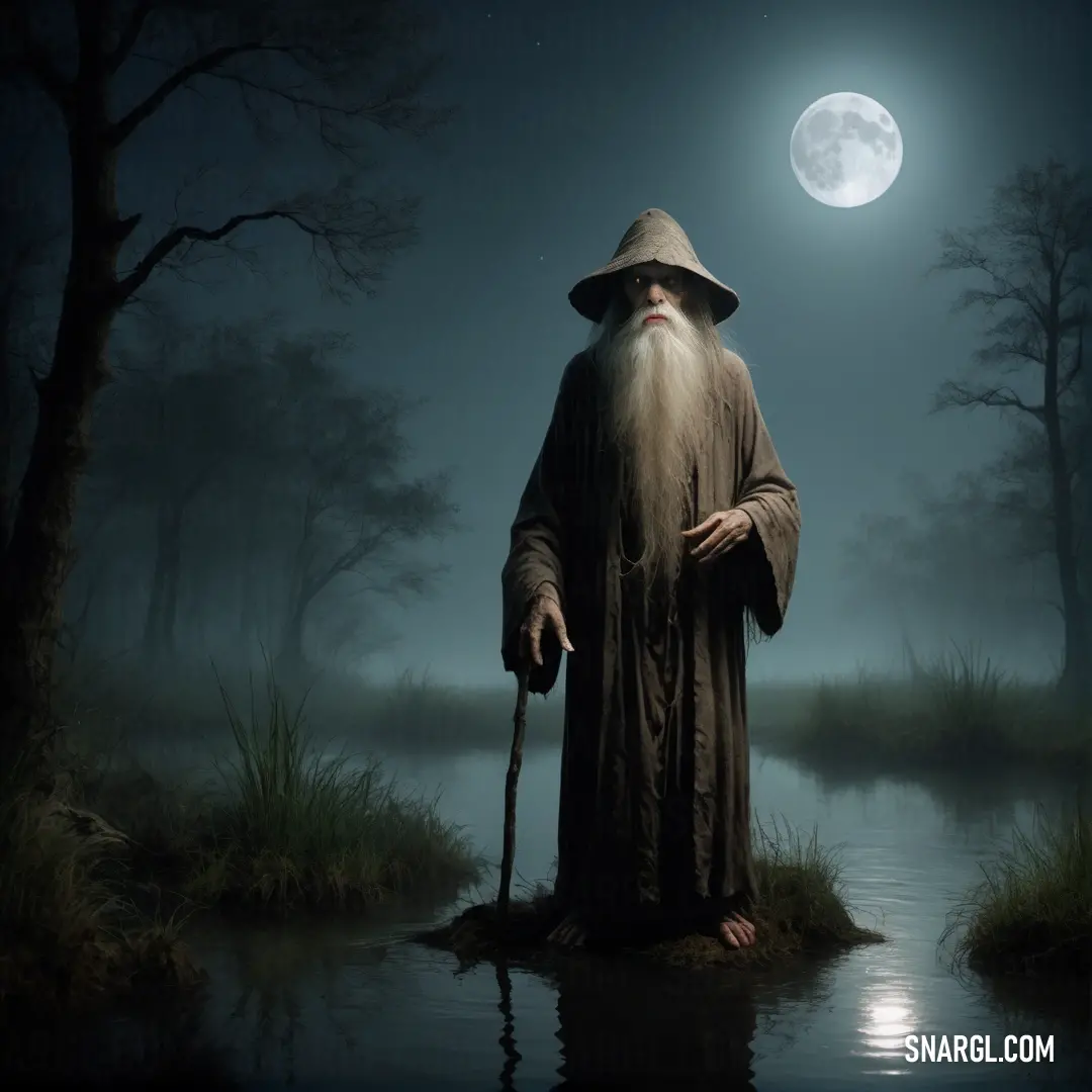 Hermit with a long beard and a long white beard standing in a swamp at night with a full moon in the background