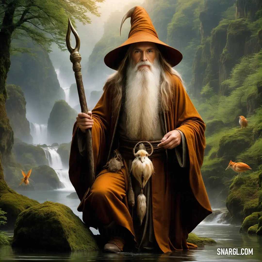Hermit with a long beard and a long beard holding a staff in a river