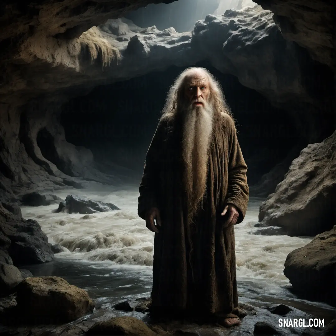 Hermit with a long beard and a long robe standing in a cave with water flowing through it and a light shining on his face