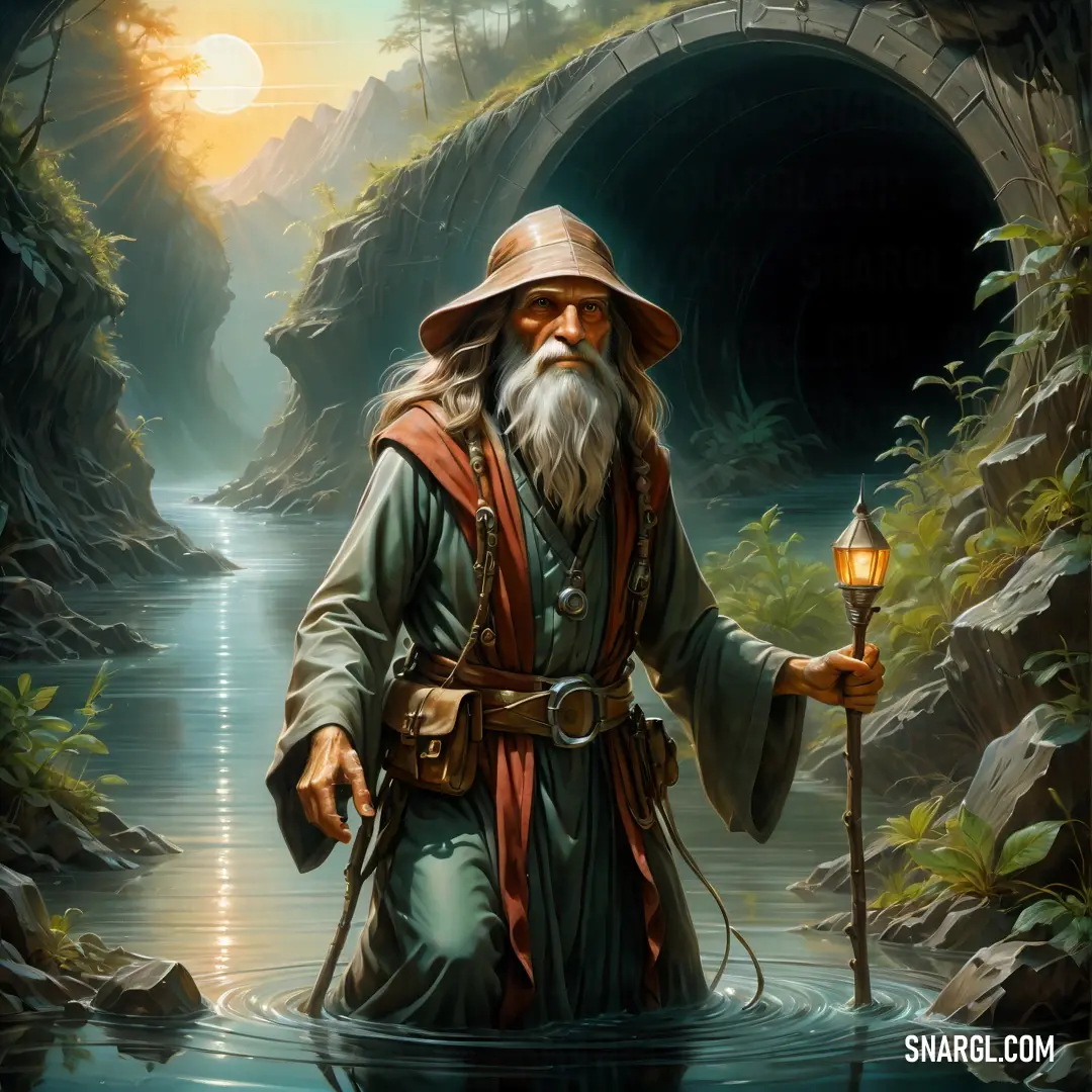 Hermit with a long beard and a long beard holding a lantern in a river with a tunnel in the background