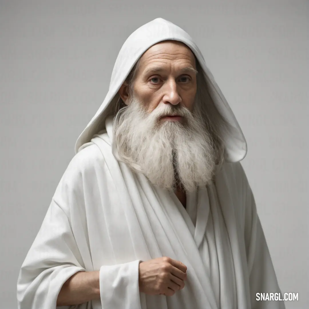 Hermit with a long white beard and a white robe on his head and shoulders