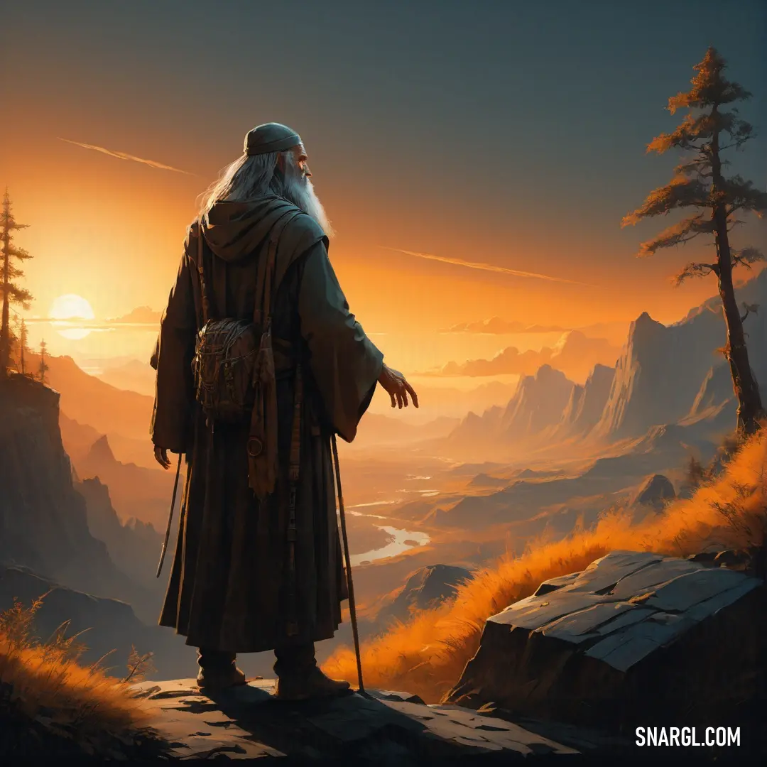 Hermit with a long white beard and a long white beard standing on a cliff overlooking a valley with a river
