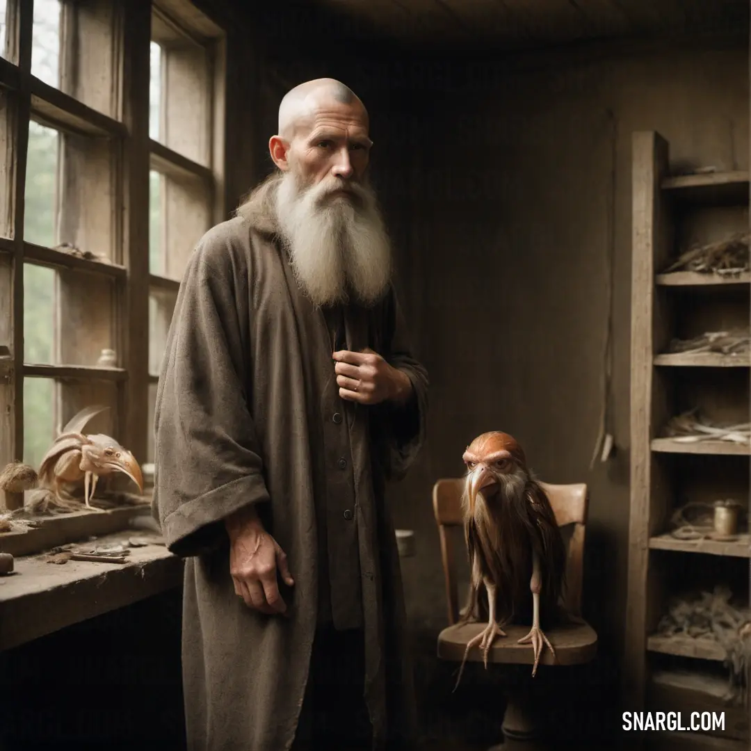 Man with a long white beard standing in a room with shelves and a Hermit on the floor