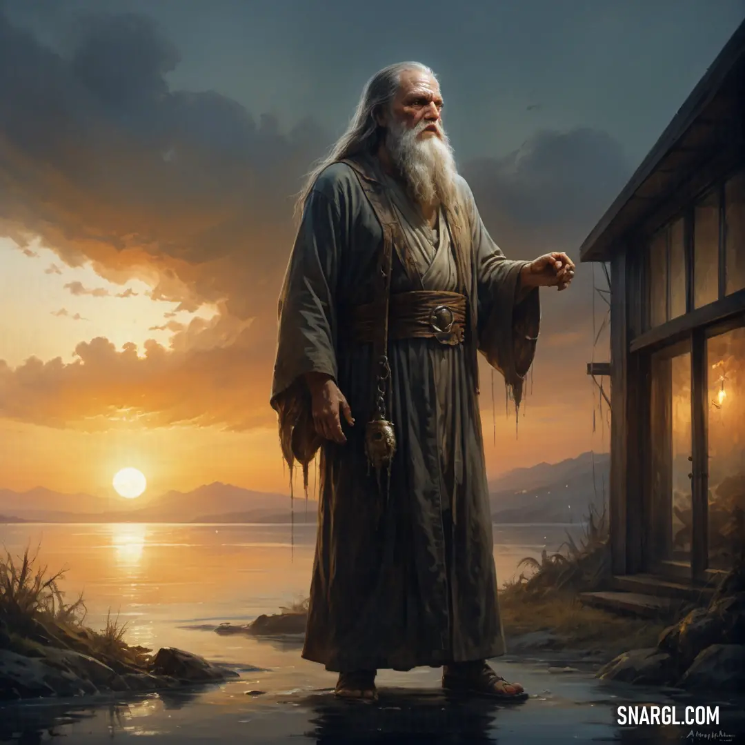 Hermit with a long white beard and a long beard standing in front of a building with a sunset in the background