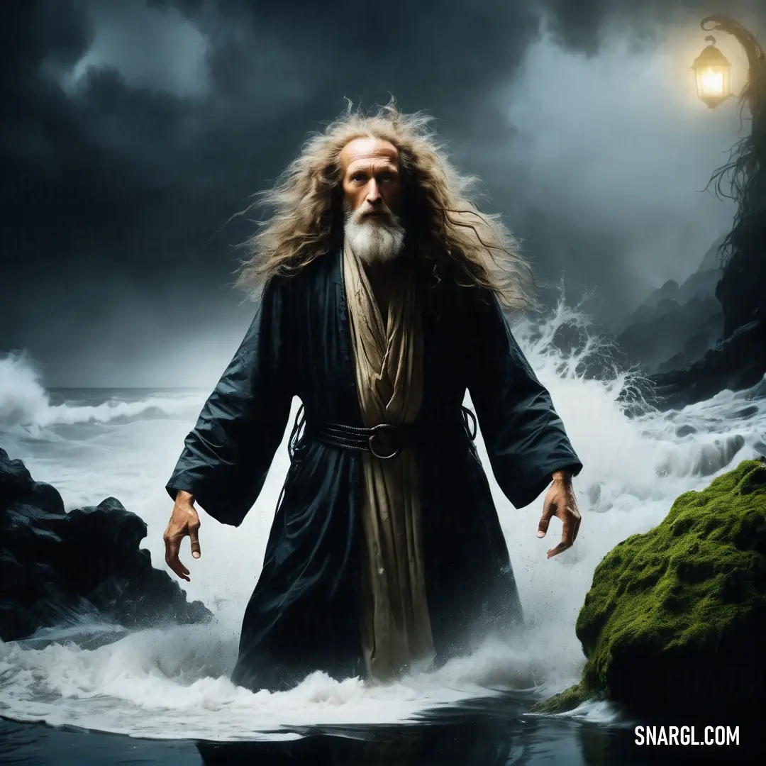 Hermit with long hair and a beard standing in water with a light on his head and a dark background