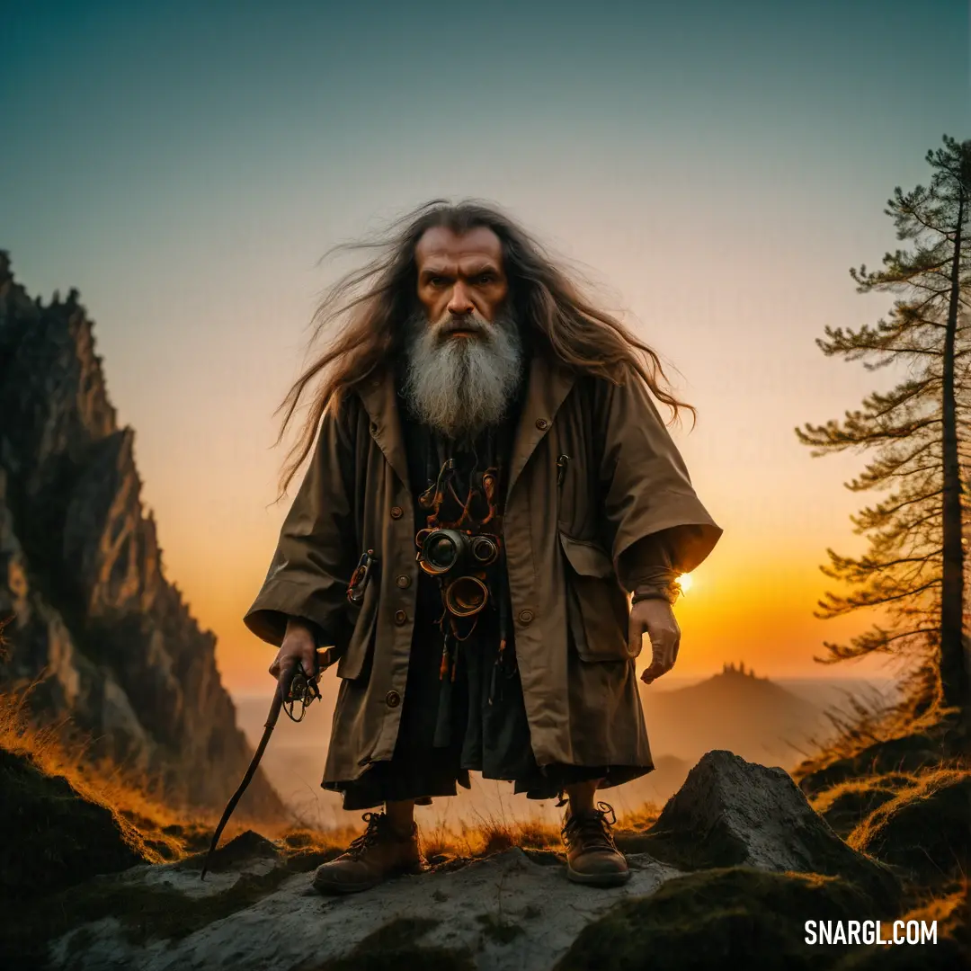 Hermit with long hair and a beard holding a sword and walking on a hill at sunset with a mountain in the background