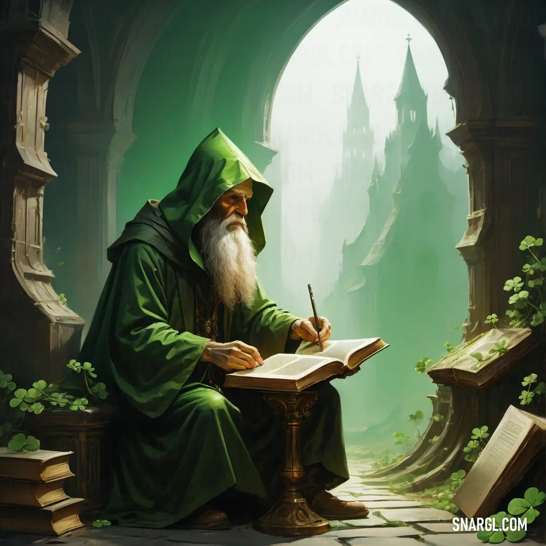 Wizard writing a book in a green room with a green light coming from the window