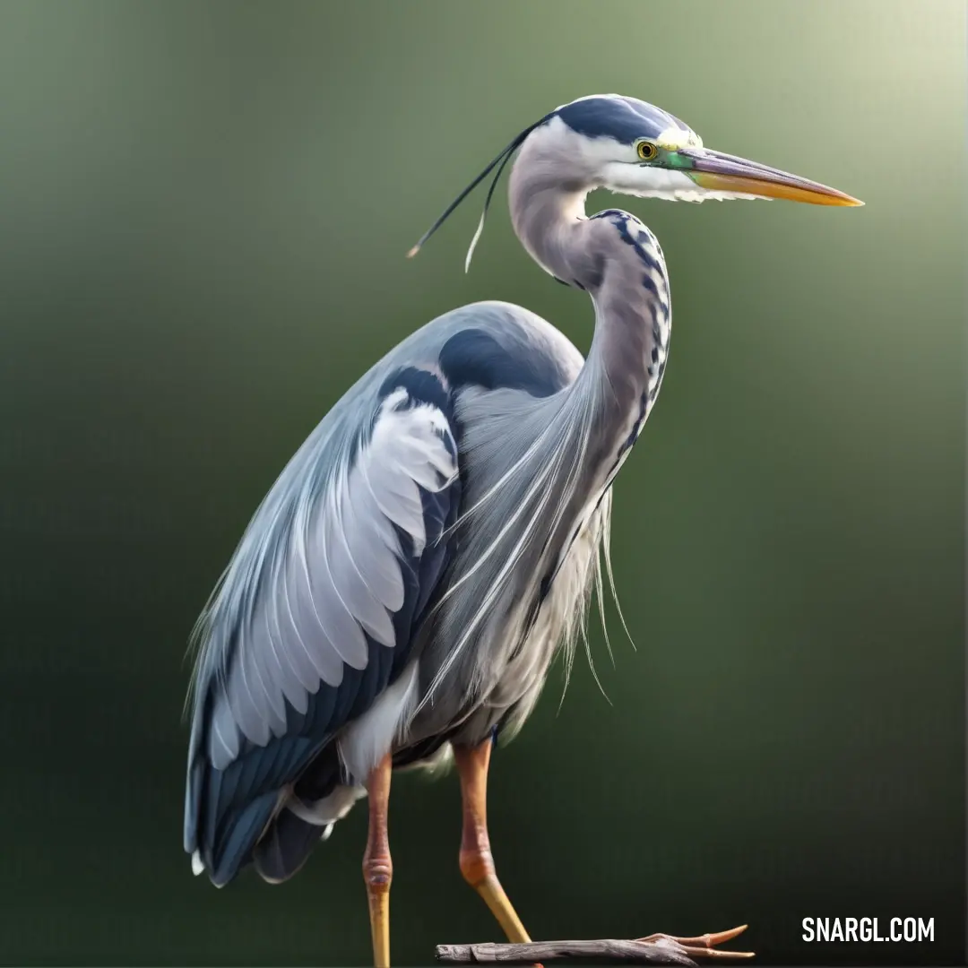 A heron perches gracefully on a branch, wings spread wide in mid-flight, its head turned to the side as it surveys the surroundings with sharp focus.