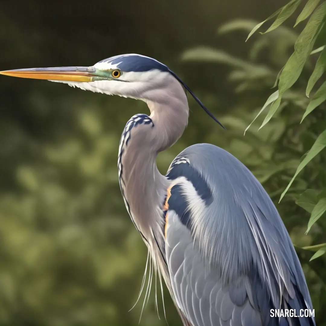 A heron with an elongated neck and sharp beak stands in front of a bush with lush green leaves. Its poised stance and focused gaze add a sense of quiet elegance to the scene.
