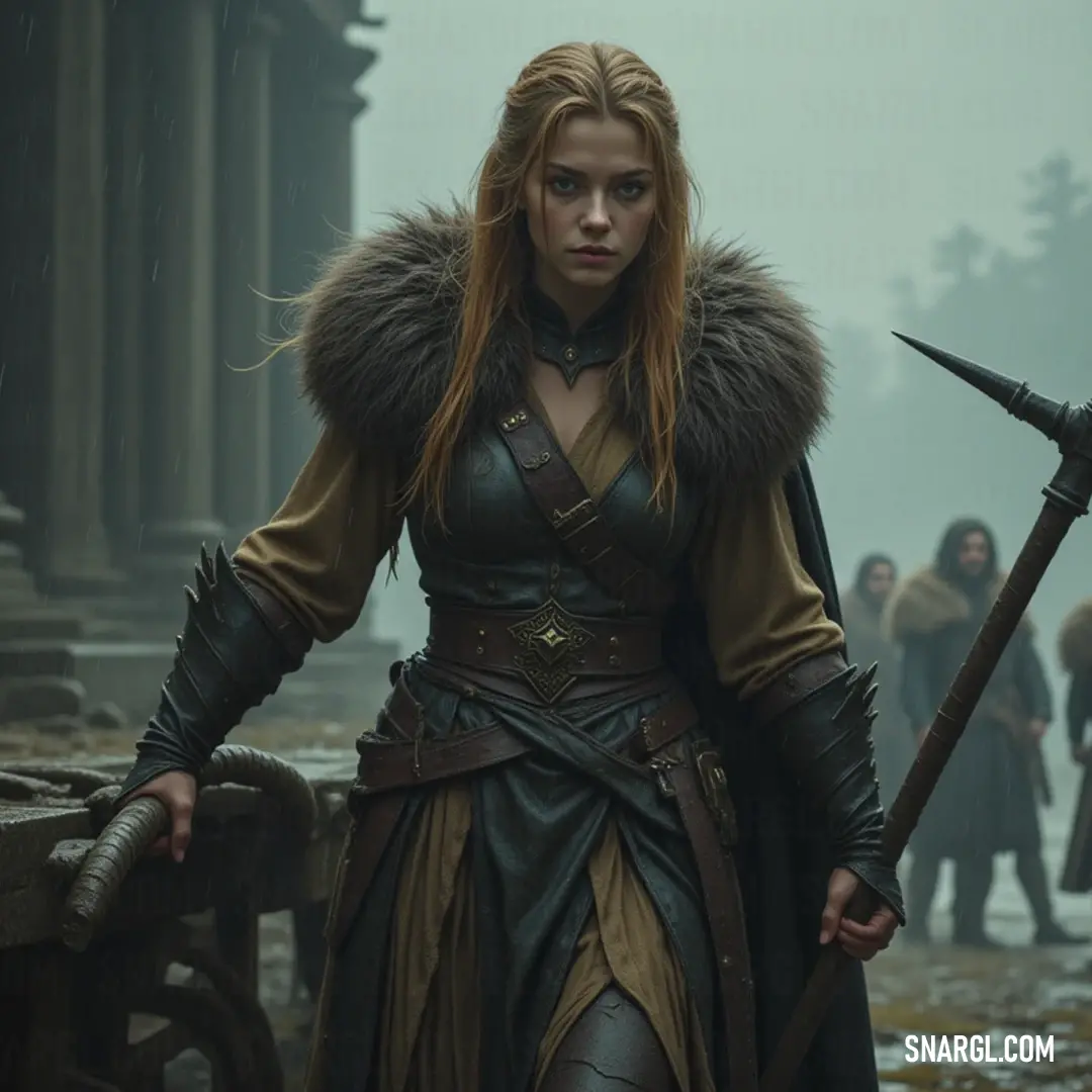 A fierce warrior named Hervor stands confidently in a striking costume, gripping a gleaming sword, poised for battle against an unseen foe. The intricate details of her outfit catch the light, revealing a blend of elegance and strength.