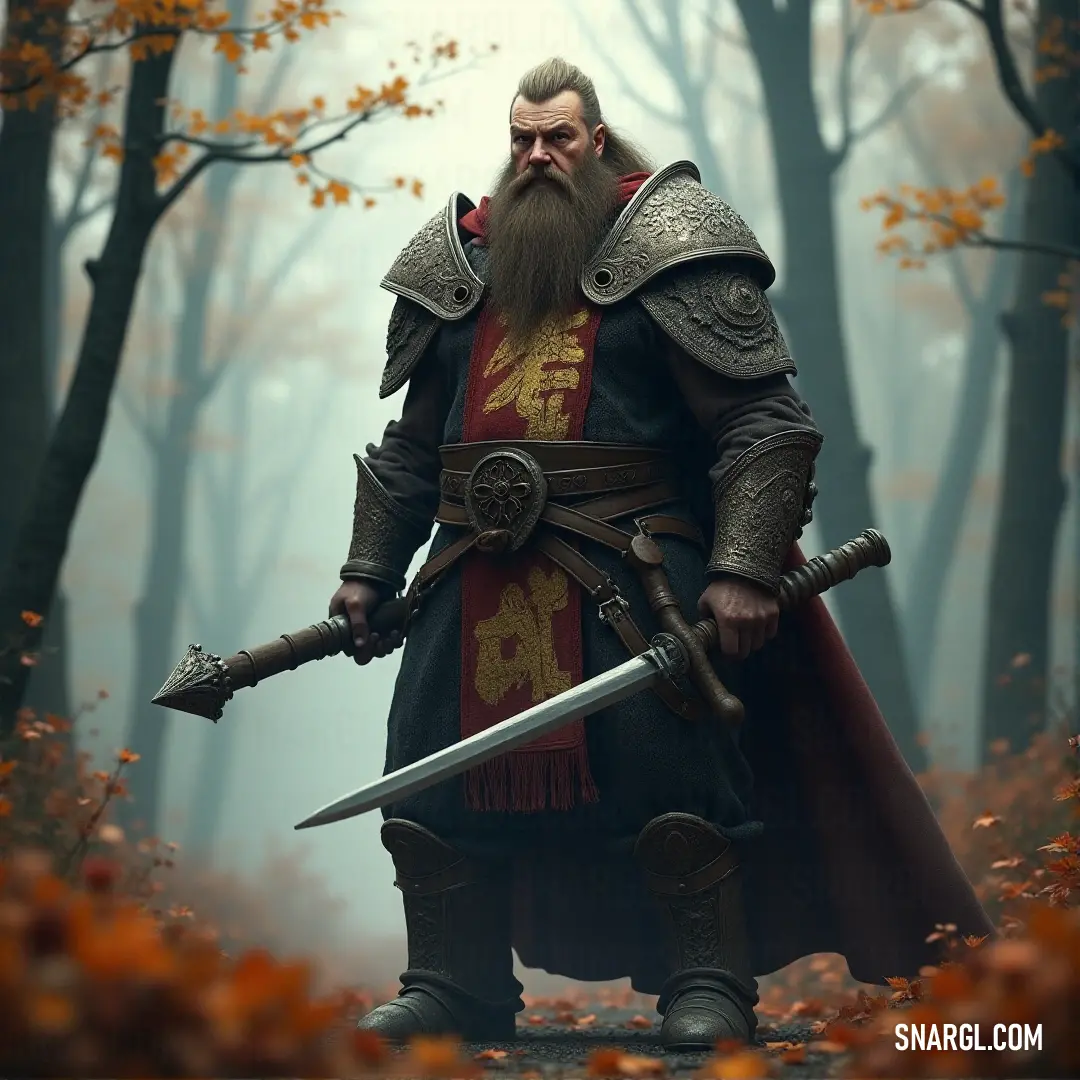 High King Thorgrim stands tall in a misty forest, his powerful beard flowing and a mighty sword gripped in his hand. The ground is covered with autumn leaves as the king looks out into the distance, a leader prepared for battle in nature’s embrace.