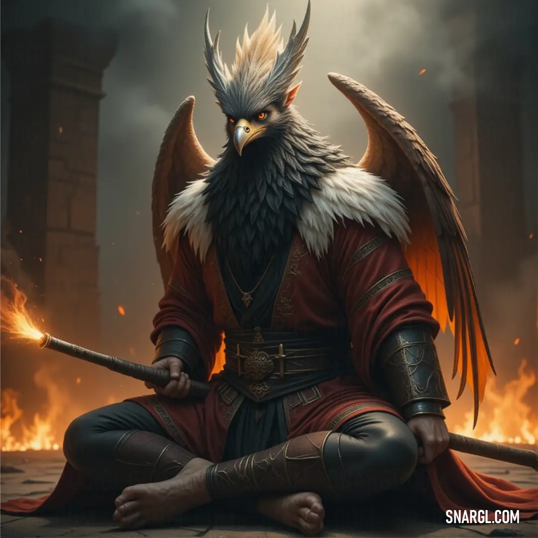 Highwind Garuda in a red outfit with a sword, a bird on his head, in front of a raging fire. Highwind Garuda, donned in a red outfit and a bird perched on his head, stands resolute in front of a blazing fire. His sword gleams as the flames dance in the background, adding intensity to his fearless stance.