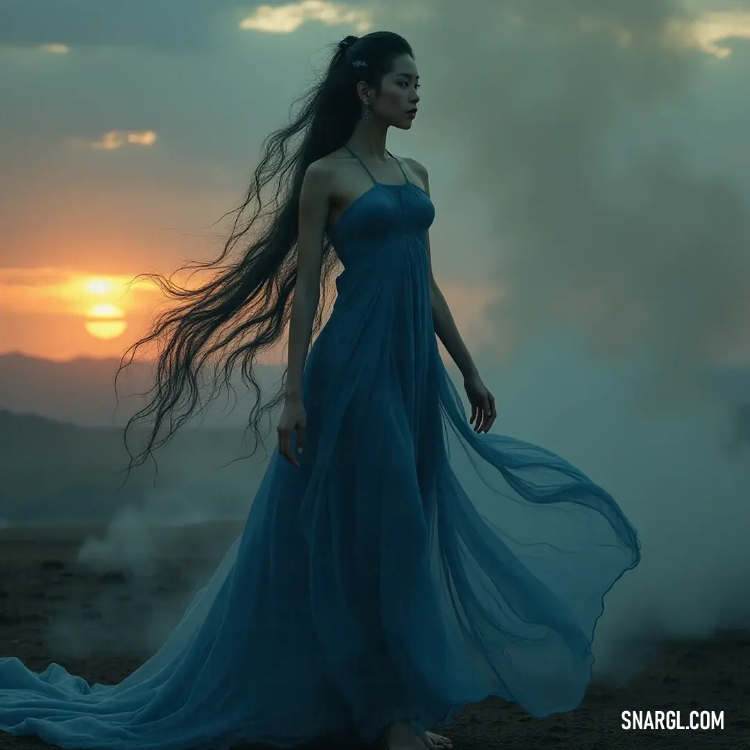 In a mesmerizing sunset scene, a girl in a blue dress stands in a colorful field, with smoke wafting from her hair, against the majestic backdrop of mountains, evoking a sense of wonder. In a stunning landscape at sunset, a girl in a flowing blue dress stands amidst a colorful field, with smoke gently swirling from her hair. The majestic mountains rise in the background, creating an extraordinary scene filled with mystery and beauty.