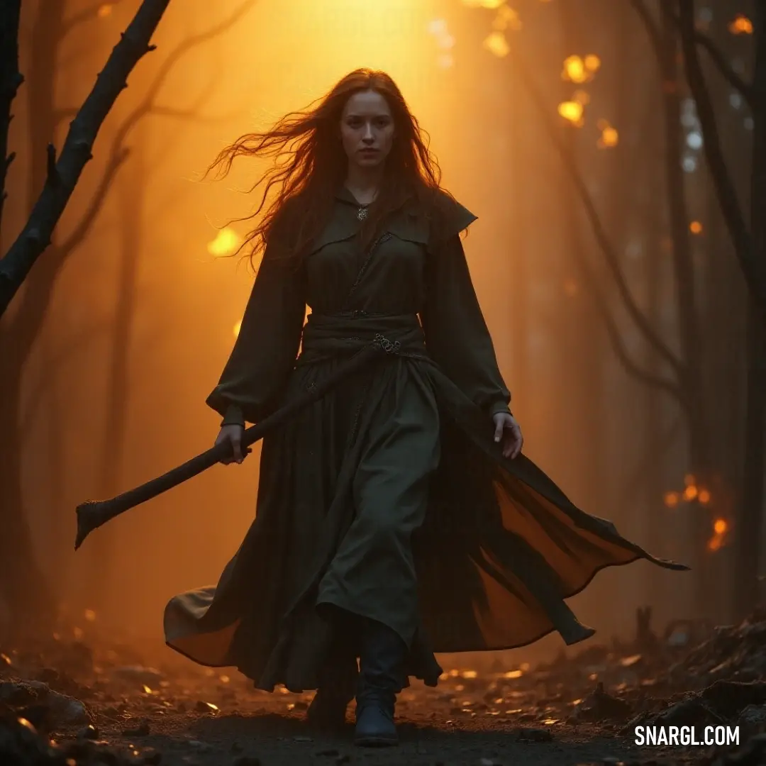A courageous woman in a flowing gown, sword in hand, stands illuminated by sunset rays that filter through a dense forest, highlighting her strength and grace. A brave warrior clad in a flowing gown stands amidst a forest clearing at sunset, sword raised, as radiant beams of light filter through the trees, casting ethereal shadows.