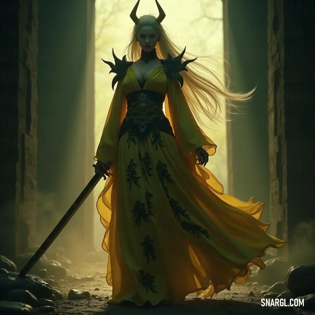 Himegami in a radiant yellow dress, standing ready with a sword amidst a lush forest. Himegami, dressed in a luminescent yellow dress, stands resolute in a verdant forest, her sword drawn as she blends with the surrounding trees, poised and ready to defend her realm.