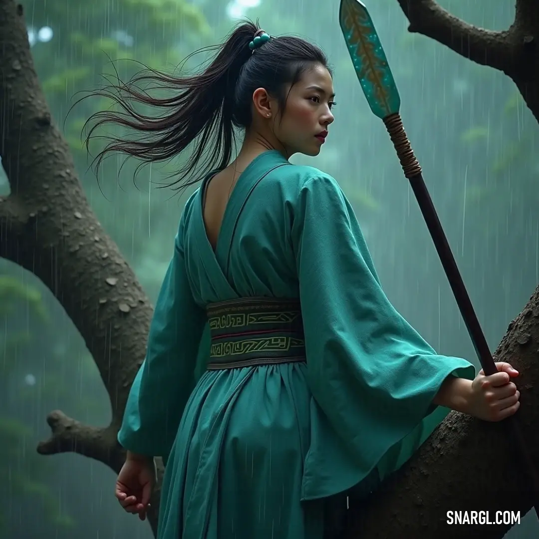 Himejima, wearing a green dress, stands strong in the rain with a tree behind her. The rain falls gently, enhancing the mood of serenity and resilience in this moment of quiet strength. Himejima, in a flowing green dress, holds a stick and stands in the rain with a tree looming behind her. The raindrops create a dramatic atmosphere, adding depth and emotion to her quiet strength in this peaceful yet intense moment.