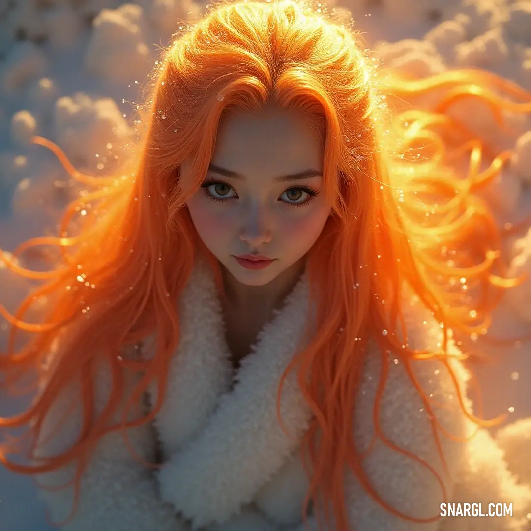 A joyful young woman with long orange hair in a fluffy white coat surrounded by swirling snowflakes, capturing the spirit of winter wonder. A young woman with vibrant orange hair wearing a fluffy white coat, surrounded by gently falling snowflakes, creates a magical winter scene as she plays joyfully in the snow, embodying the essence of the winter season.