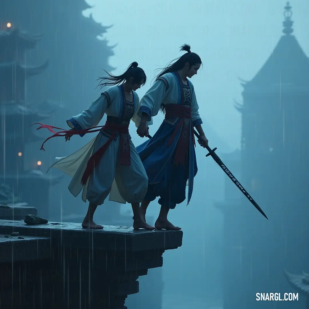 A captivating portrayal of two figures in oriental clothing, poised with swords in a rainfall backdrop, framed by a traditional pagoda, exuding strength and elegance. Two figures clad in exquisite oriental attire stand poised amidst a gentle rain, swords in hand, while a traditional pagoda rises in the background, creating a scene steeped in culture, elegance, and timeless bravery.
