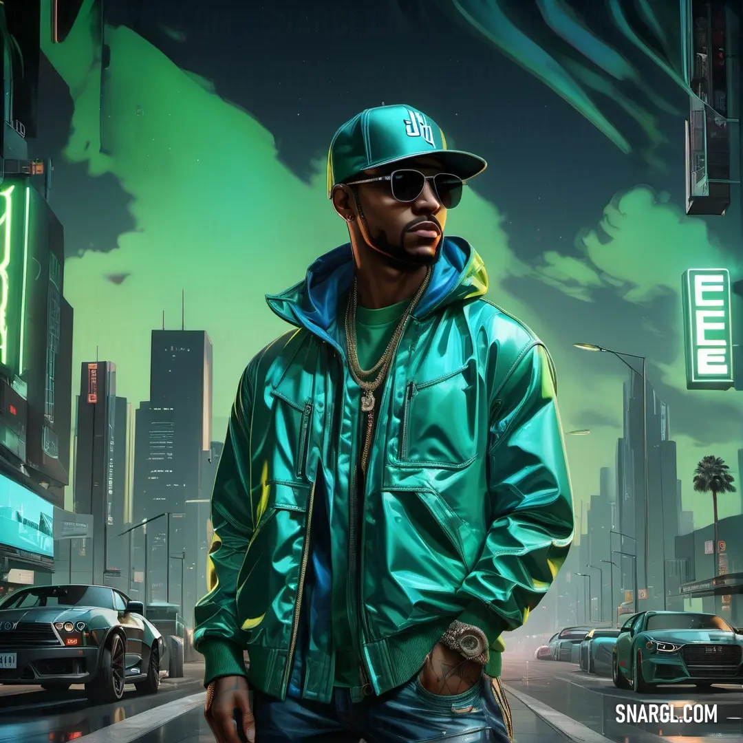Man in a green jacket and hat standing in the middle of a city street with cars and neon lights
