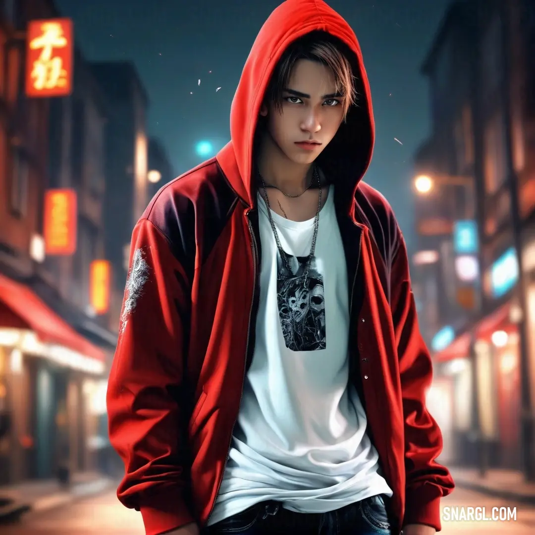 Man in a red hoodie is standing in the street at night with a neon sign in the background