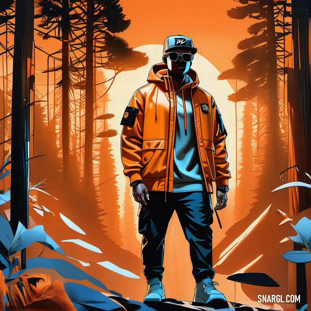 Man in a yellow jacket standing in a forest with a full moon in the background