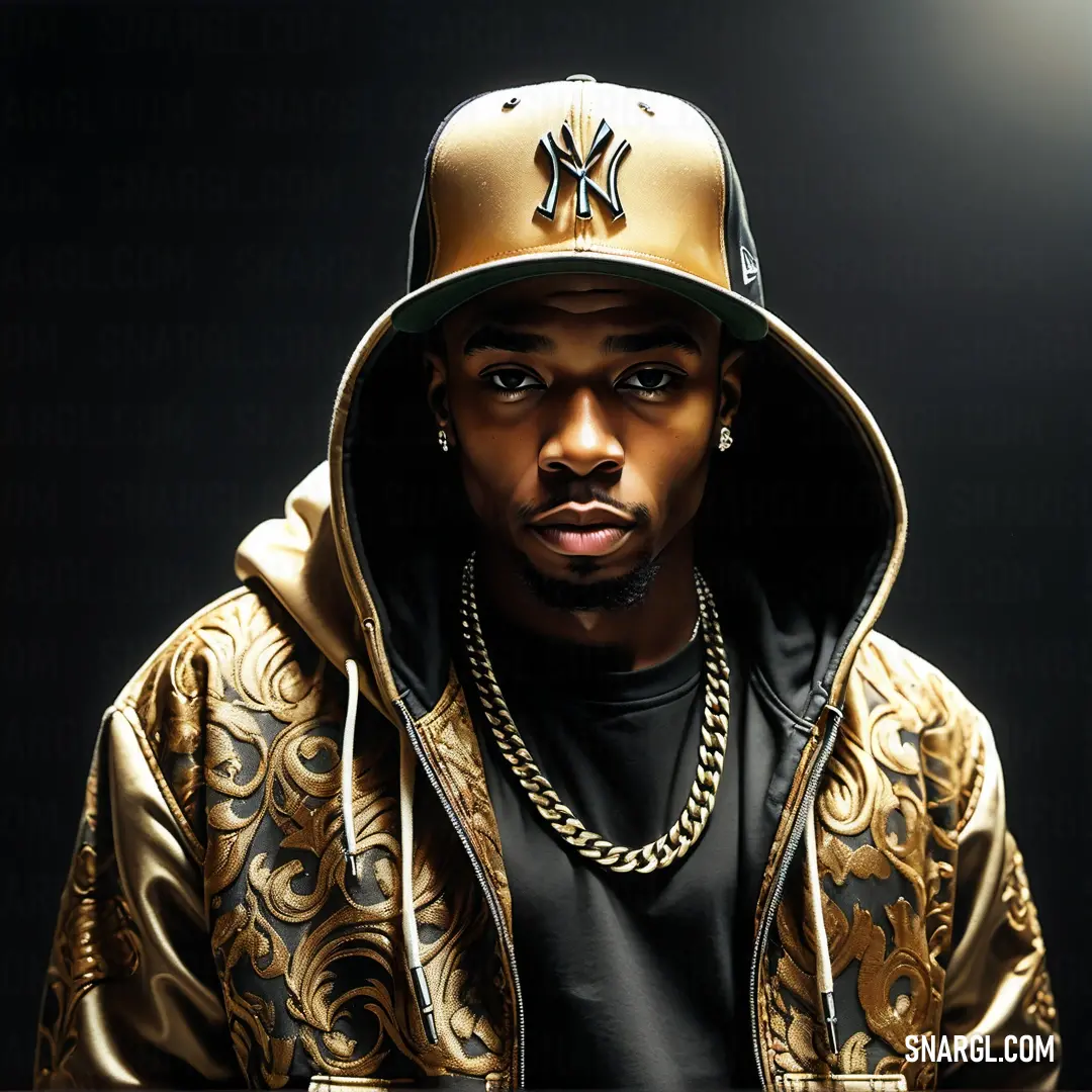 Man wearing a gold and black hat and jacket with a gold chain around his neck and a black shirt underneath