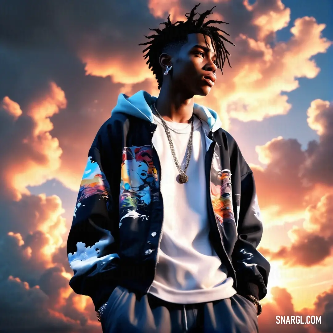 Man with dreadlocks standing in front of a cloudy sky with a dragon on his jacket and a necklace