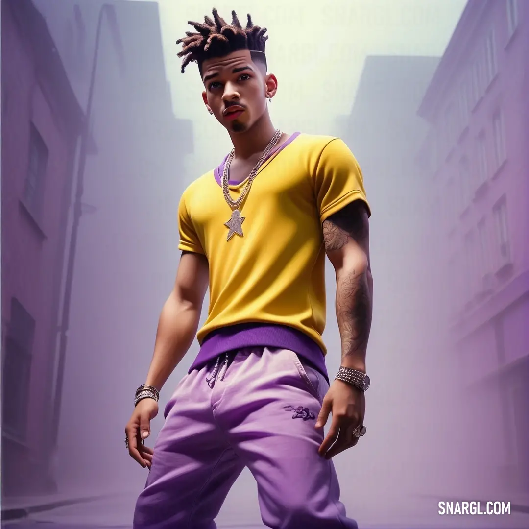 Man with dreadlocks standing in a city street wearing a yellow shirt and purple pants with a star on his chest