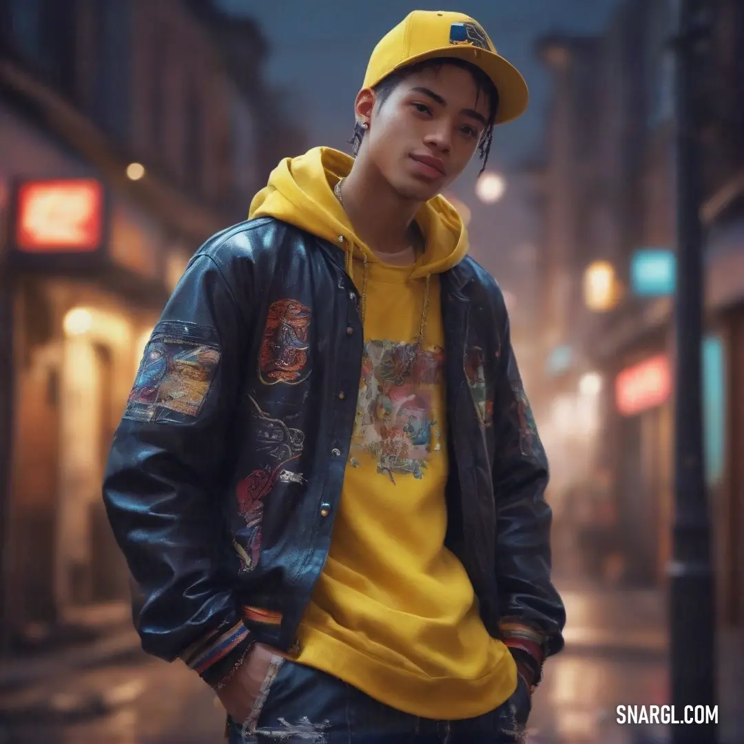 Young man in a yellow hat and a black jacket standing in the street at night