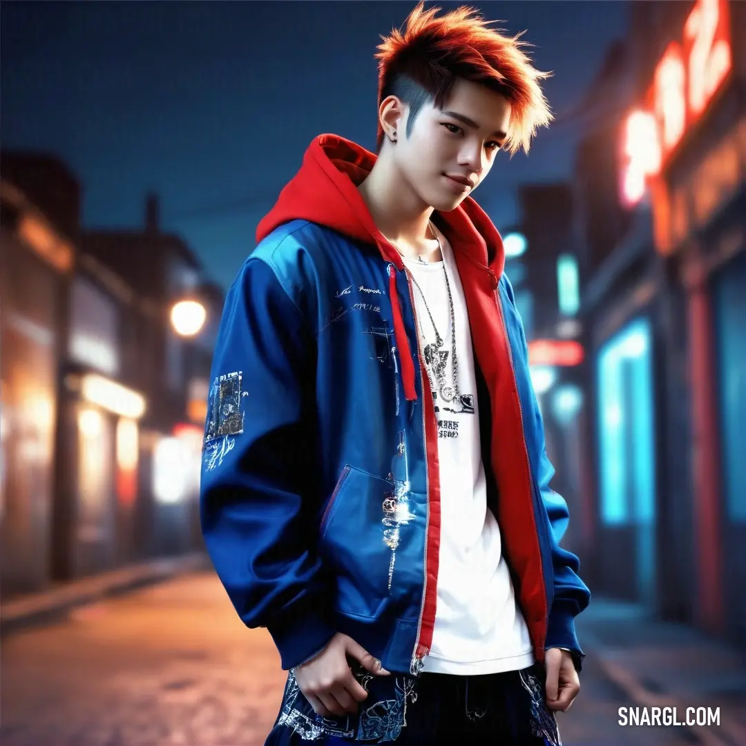 Young man with red hair and a blue jacket standing on a street at night with a neon sign in the background