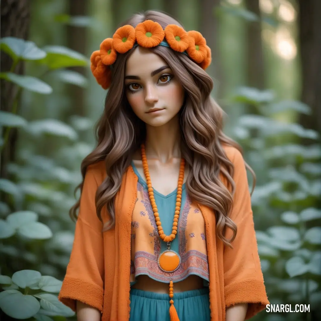 Doll with a necklace and orange flowers in her hair in a forest setting with leaves