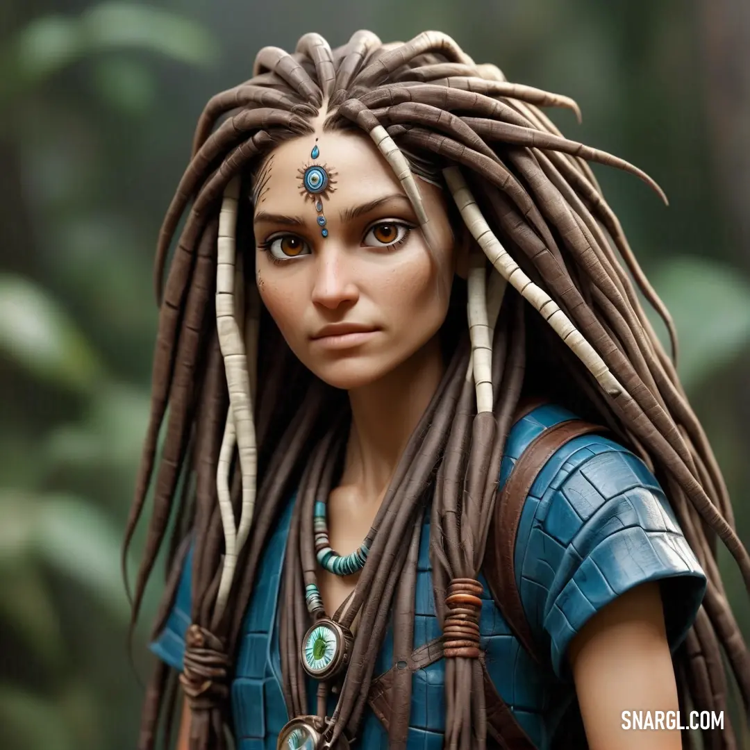 Doll with dreadlocks and a blue shirt and necklace on it's head and a green background