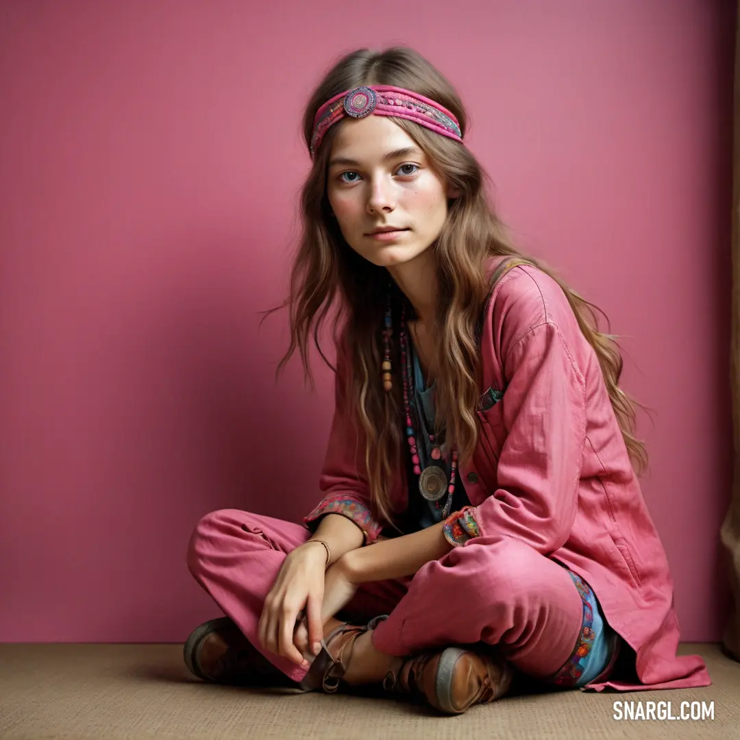 Girl on the floor wearing a pink outfit and a headband with a pink background