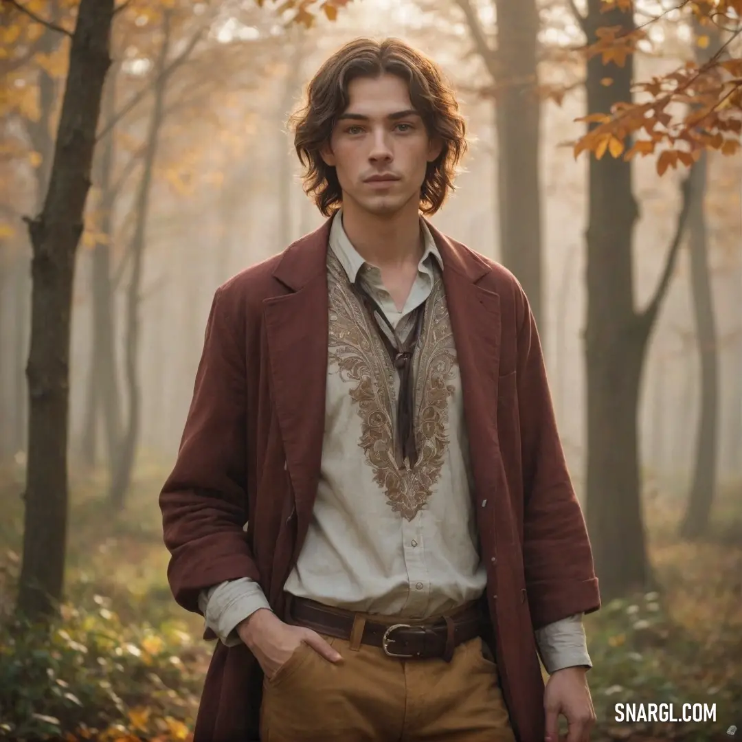 Man in a red coat and tie standing in a forest with trees and leaves in the background